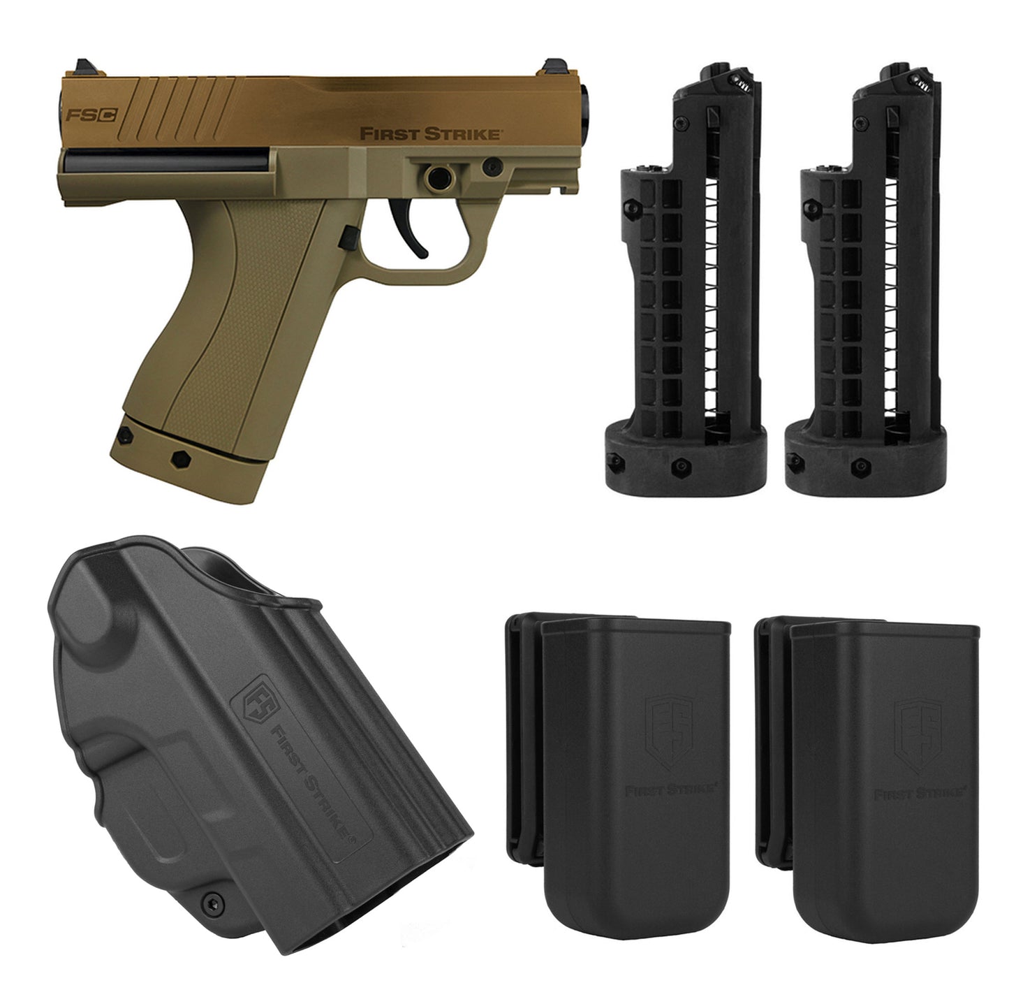First Strike FSC (First Strike Compact) Paintball Pistol with 3 Mags, Holster and Mag Holsters - Bronze/Tan - First Strike