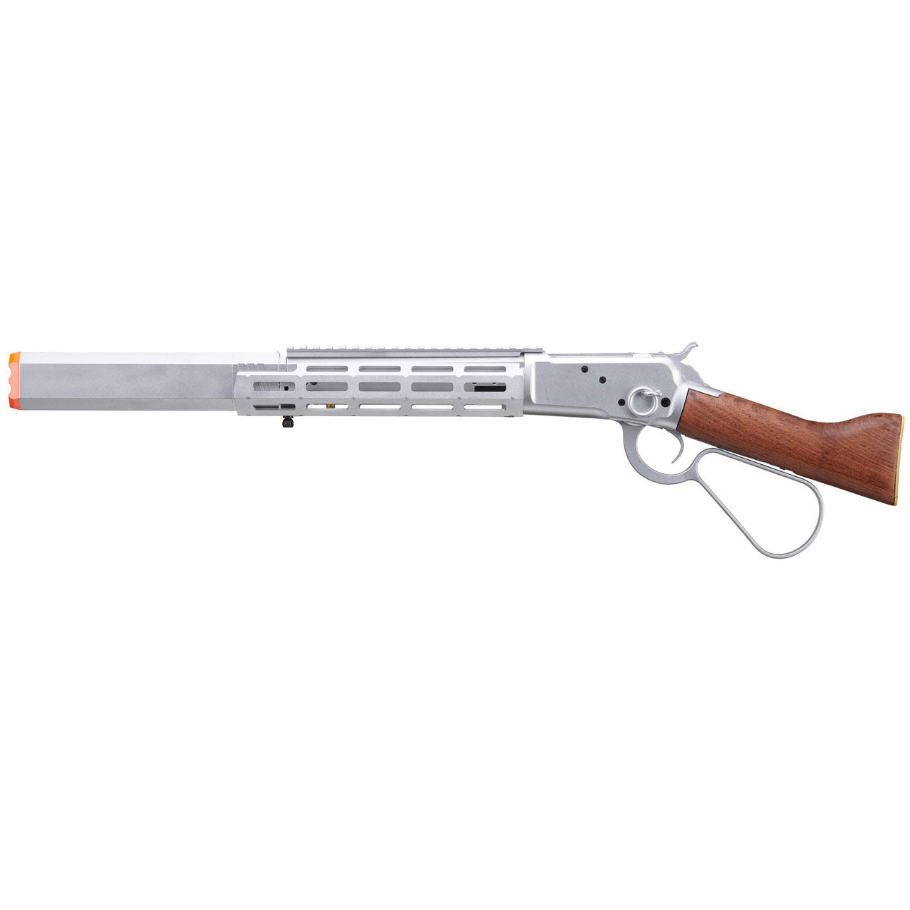 Atlas Custom Works M1873 "Mares Leg" Lever Action Airsoft Green Gas Rifle w/ M-LOK Rail and Suppressor - Silver