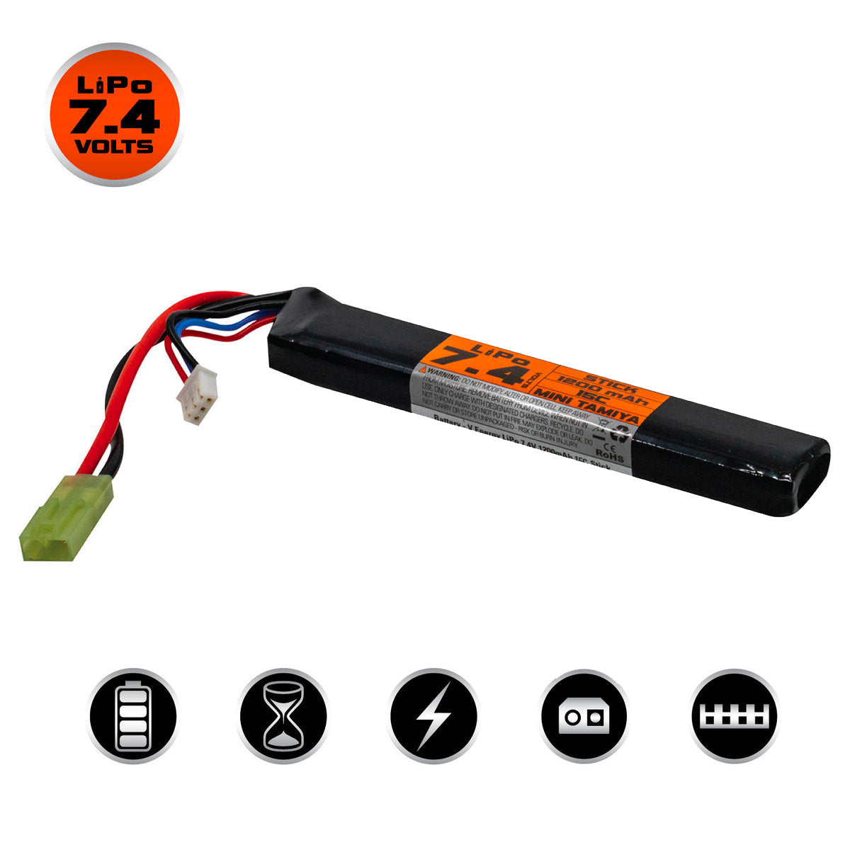 Valken Li-Po 7.4V 30C 1200 mAh Stick Airsoft Battery with Small Tamiya Connectors