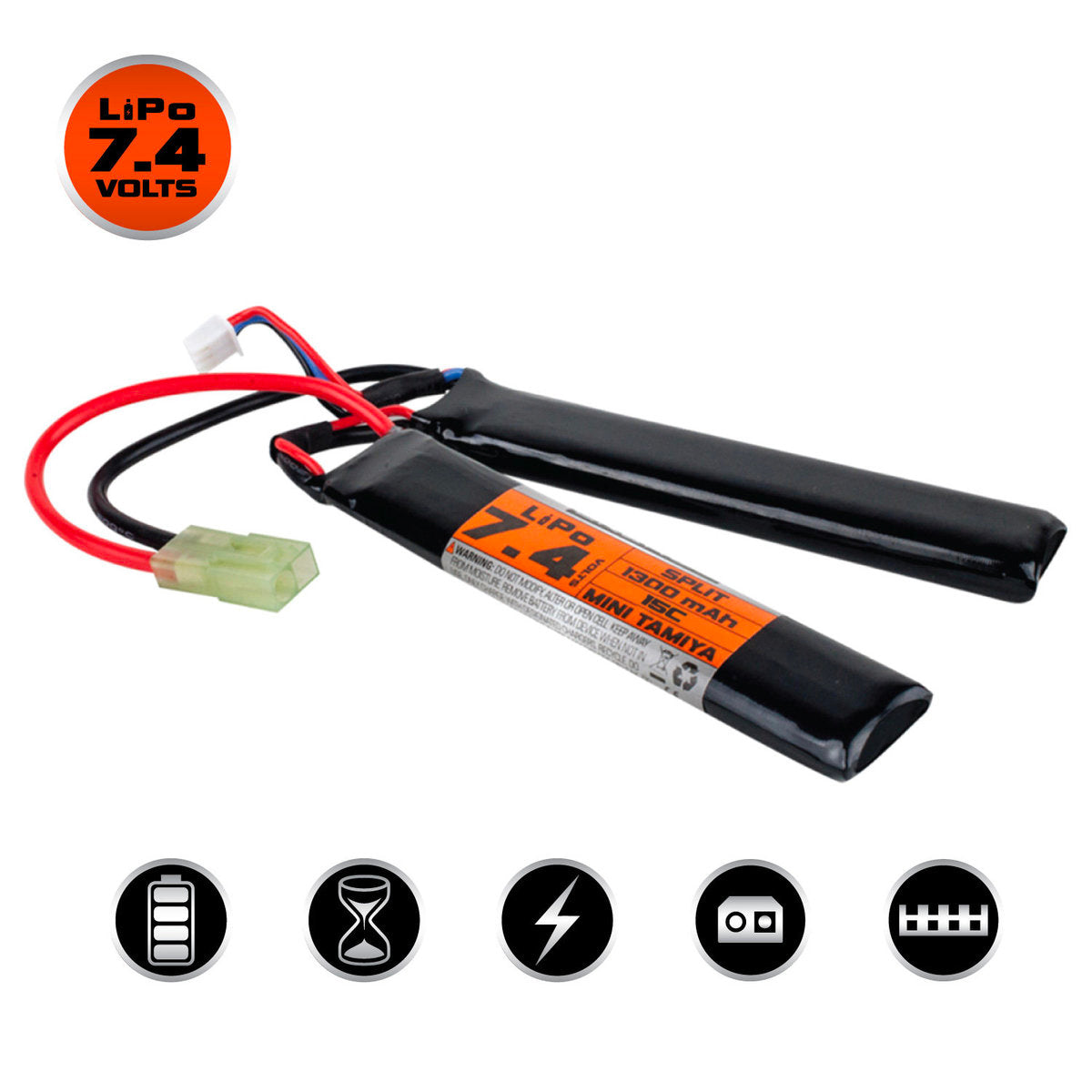 Valken LiPo 7.4V 30C 1300mAh Split Airsoft Battery with Small Tamiya Connectors