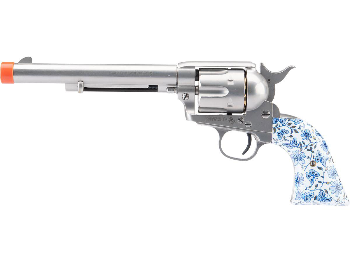 Colt SAA .45 Peacemaker Gas Powered Airsoft Revolver - Cavalry Barrel - Blue/White Porcelain