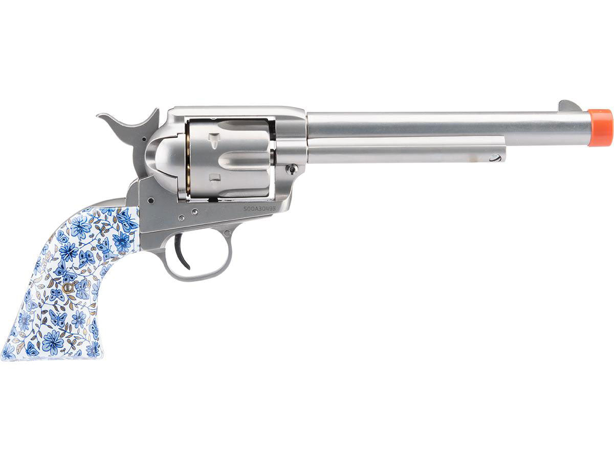 Colt SAA .45 Peacemaker Gas Powered Airsoft Revolver - Cavalry Barrel - Blue/White Porcelain