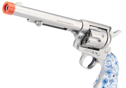 Colt SAA .45 Peacemaker Gas Powered Airsoft Revolver - Cavalry Barrel - Blue/White Porcelain