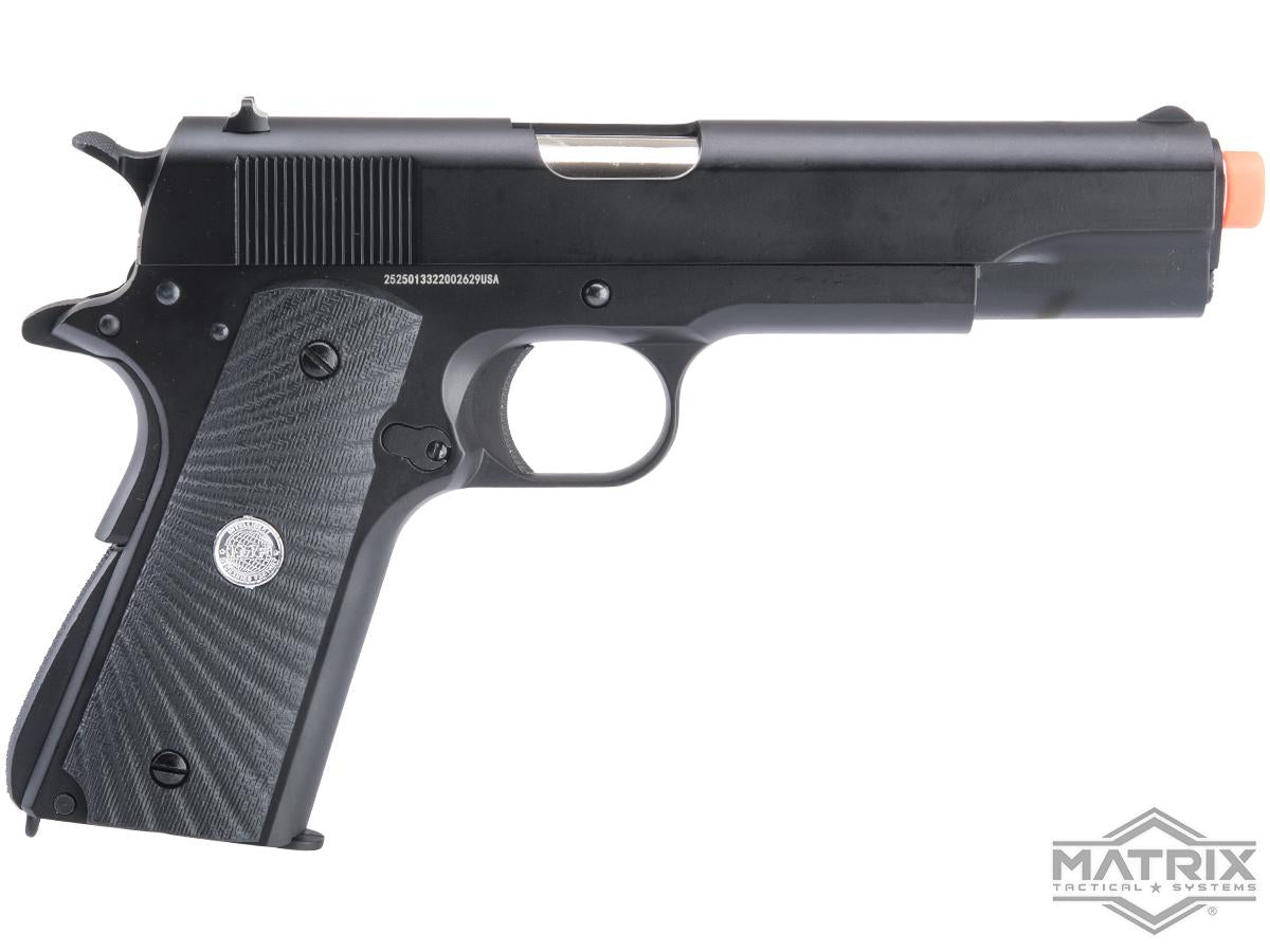 Matrix x Golden Eagle Full Metal M1911A1 Gas Blowback Airsoft Pistol - Black - Eagle Wing Grips