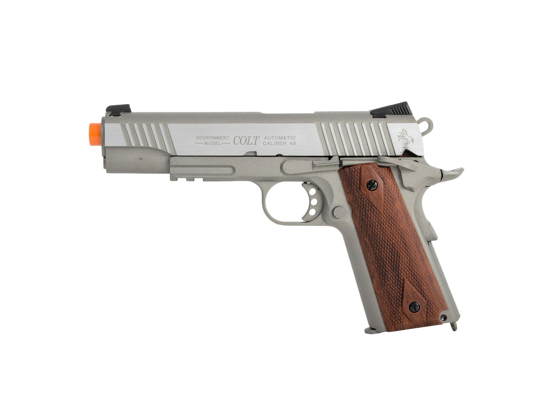 Palco Colt 1911 Rail Gun Airsoft Pistol CO2 Blowback - Silver/Wood Tone Grips - Palco