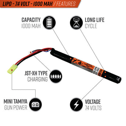 Valken Energy LiPo 7.4V 1000mAh 30C Long Stick Style Battery