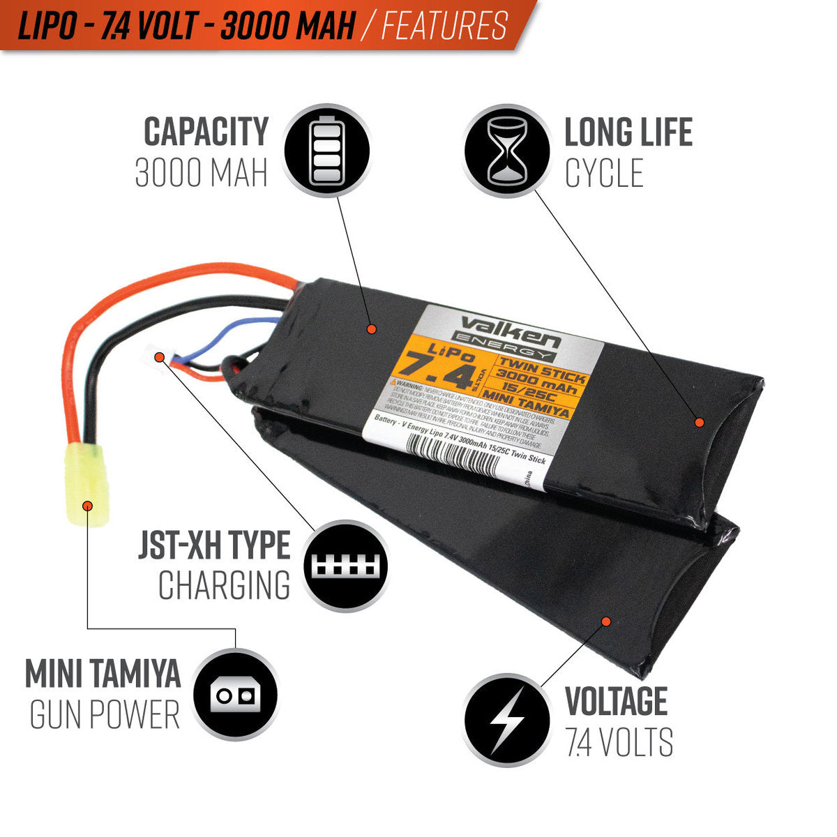 Valken Energy LiPo 7.4V 3000mAh 15/25C Twin Stick Style Battery