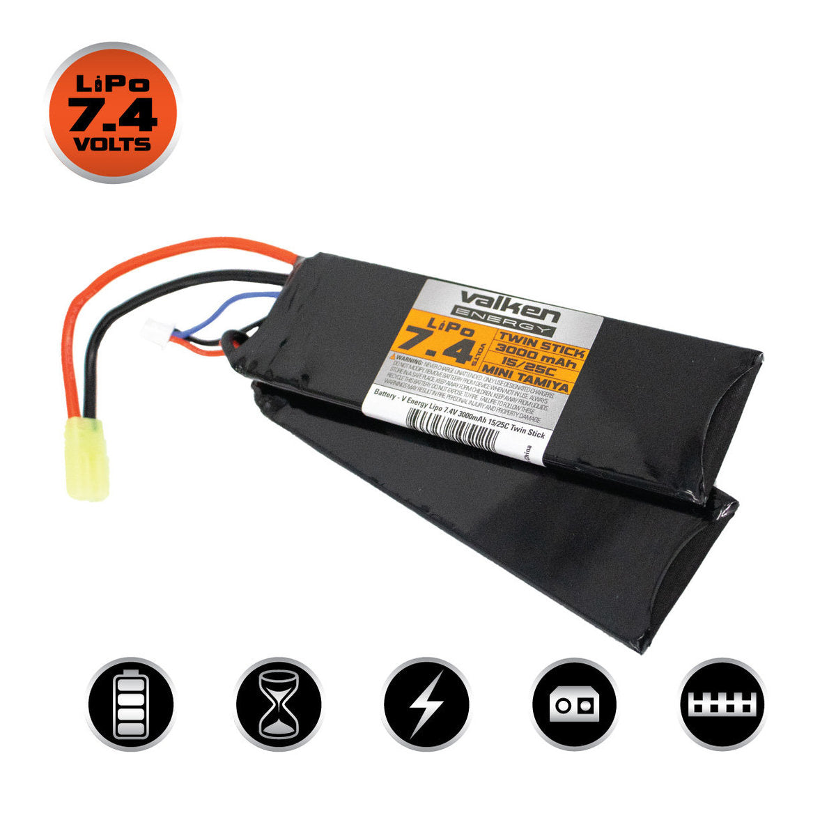 Valken Energy LiPo 7.4V 3000mAh 15/25C Twin Stick Style Battery