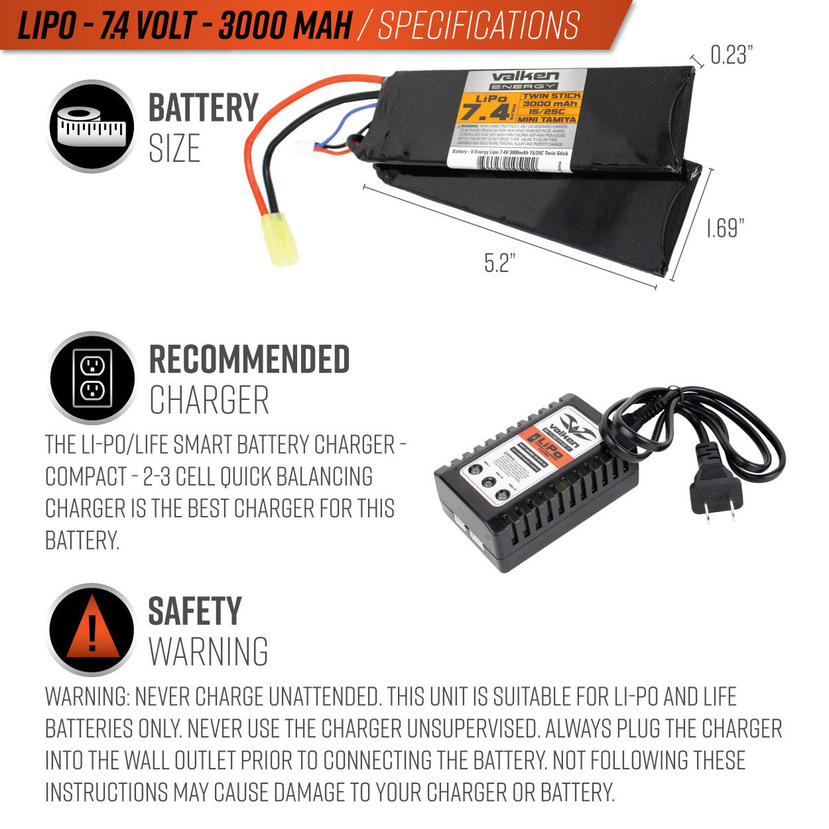 Valken Energy LiPo 7.4V 3000mAh 15/25C Twin Stick Style Battery