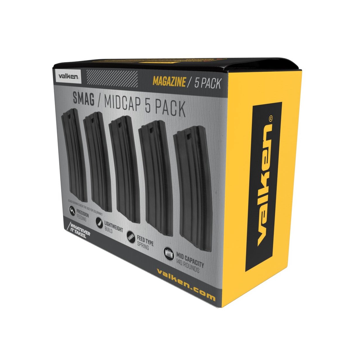 Valken Tactical SMAG 140 Round Mid Cap Airsoft Magazines - 5 Pack Box - Black