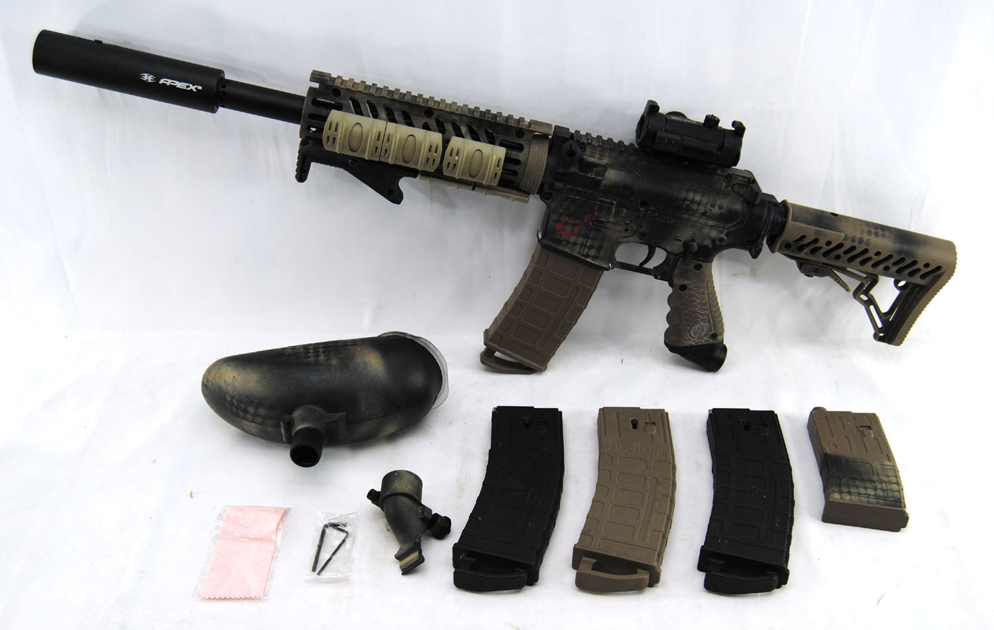 Used Tippmann TMC w/ Apex 2 Barrel &amp; Raptor Red Dot Sight - Desert Camo - Tippmann Sports