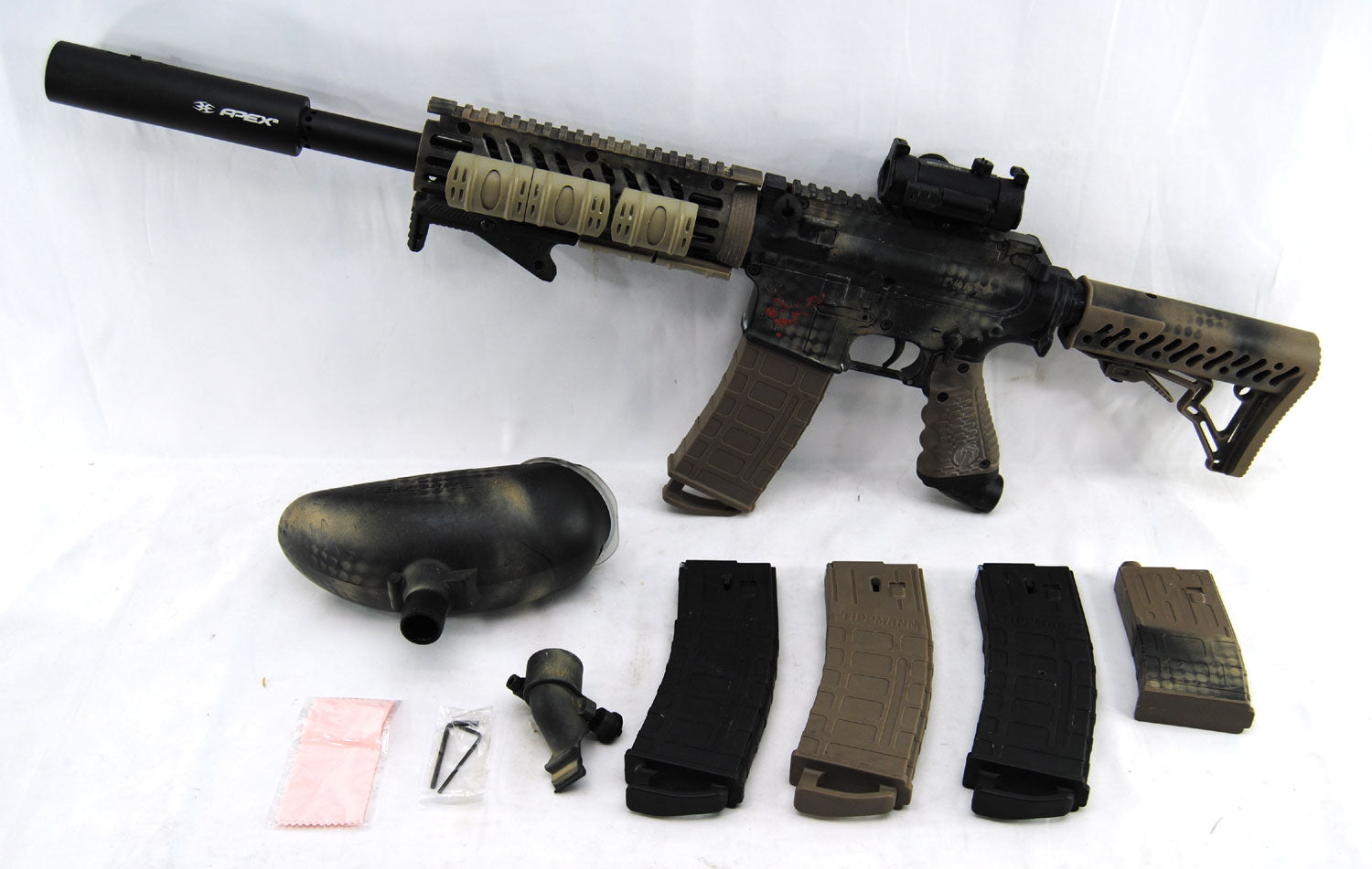 Used Tippmann TMC w/ Apex 2 Barrel &amp; Raptor Red Dot Sight - Desert Camo - Tippmann Sports